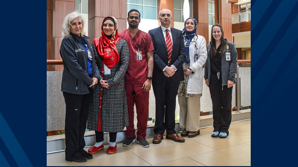 The WVU Medicine Geriatrics team is pictured from left: Teresa Ward M.S.N., N.P.-C.; Nafiisah Rajabalee M.D.; Harsha Sai Sreemantula, M.D.; R. Osvaldo Navia, M.D.; Manar Shalak, M.D.; and Stephanie Pockl, M.D.