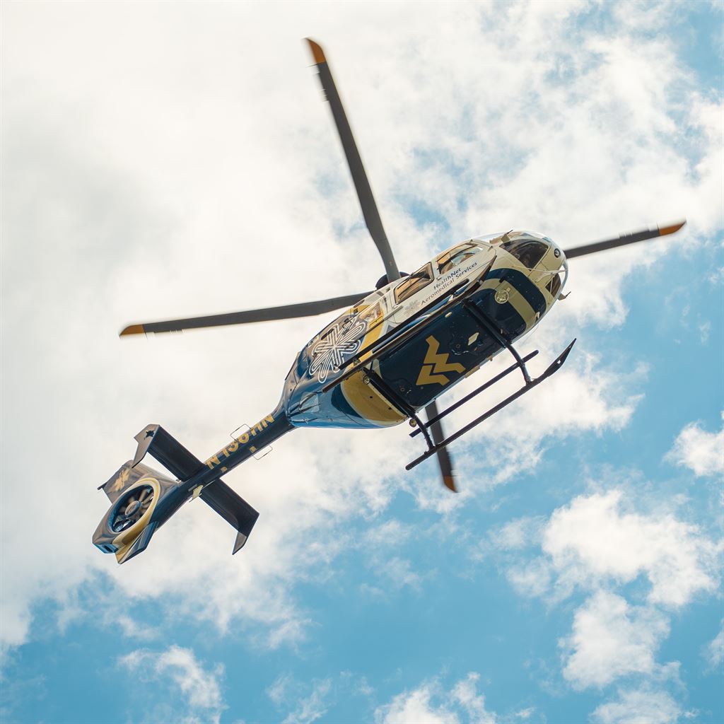 A WVU Medicine helicopter is shown in the air during a Prom Promise Mock Accident in Martinsburg, West Virginia.