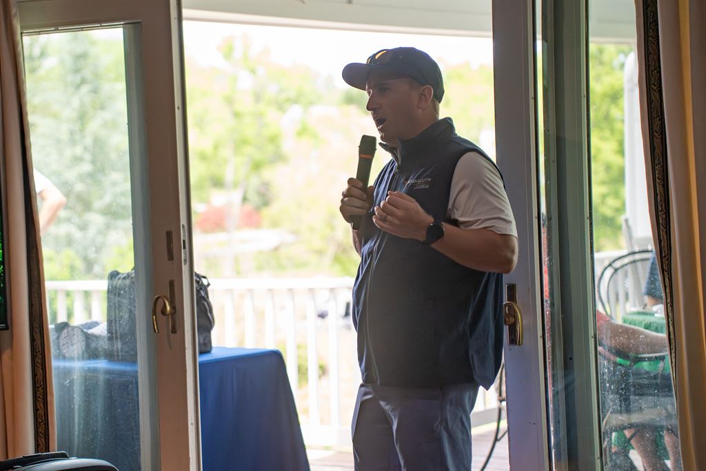 Mark O'Hern, Regional President of WVU Hospitals East and President and CEO of WVU Medicine Berkeley Medical Center, speaks at the 29th annual Bernie Hutzler golf classic.
