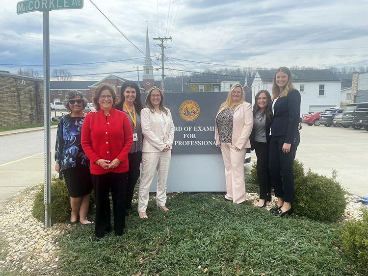 Pictured following the provisional approval of the WVU Medicine Center for Nursing Education are, from left, Mary Fanning, D.N.P., R.N., N.E.A.-B.C., vice president and chief nursing officer, WVU Medicine J.W. Ruby Memorial Hospital; Melanie Heuston, D.N.P., R.N., N.E.A.-B.C., chief nursing executive, WVU Health System; Karen Bowling, executive vice president of government affairs, WVU Health System; Tanya Rogers, Ed.D., M.S.N., R.N., C.N.E., assistant vice president of nursing education, WVU Medicine Center for Nursing Education; Megan Miller, director, WVU Medicine Center for Nursing Education; Ashley Tasker, director of student services, WVU Medicine Center for Nursing Education; and Kendall DeFazio, office manager, WVU Medicine Center for Nursing Education.