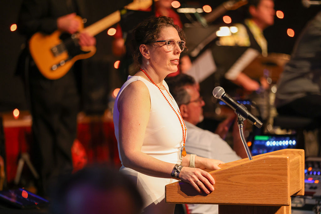 WVU Cancer Institute Executive Chair and Director Hannah Hazard-Jenkins, M.D., speaks at the 2024 Spring Gala at The Greenbrier. The event raised over $1.1 million &ndash; a new record &ndash; to benefit cancer care, research, and outreach. (Photo by Sean McNamara)