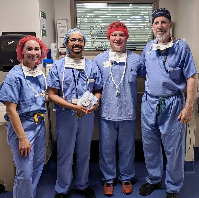 Pictured left to right: Gabriella Castellani, Medtronic; Manish Ranjan, M.D., WVU Medicine Children's pediatric neurosurgeon; Bradley Wright, Medtronic; and P. David Adelson, M.D., executive director of the WVU Medicine Children&rsquo;s Neuroscience Center