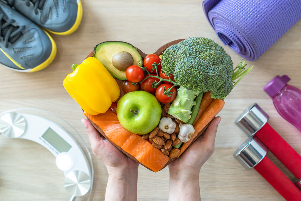 fruits-and-vegetables-on-heart-shaped-board